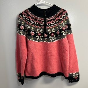 Womens Icelandic Design Wool/Angora Blend Zipper Front Pink and Black Floral